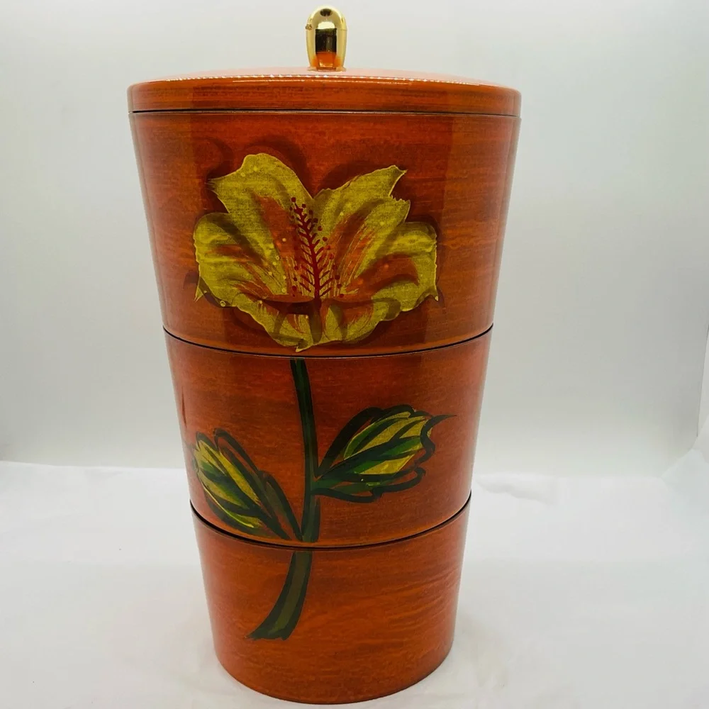 VTG Orange Lacquer Ware Stacking Nesting Set 3 Bowls & Lid Floral Design - Japan